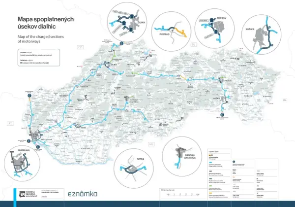 Mapa pokazuje, które drogi na Słowacji są płatne. Linie niebieskie i pomarańczowe oznaczają płatne odcinki autostrad, a zielone i szare – bezpłatne.